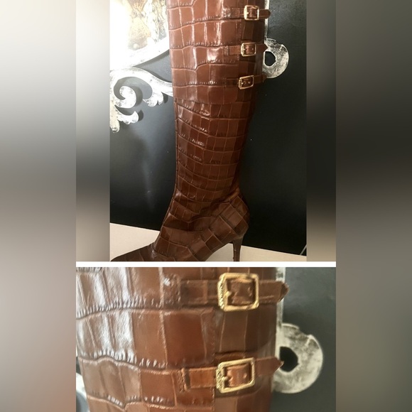 Ralph Lauren Jennison II Embossed Croc Leather Knee-High Boots. Size 8. - Picture 3 of 12